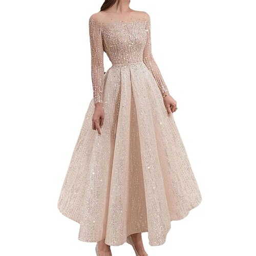 

Women's Party Dress Cocktail Dress Maxi long Dress Beige Long Sleeve Pure Color Sequins Ruched Patchwork Fall Winter Round Neck Fashion Party 2022 S M L XL