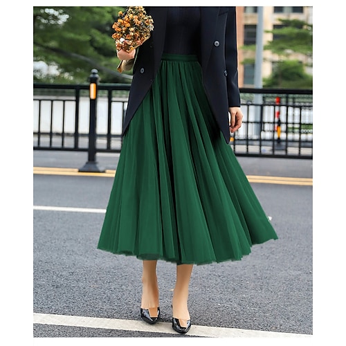 

Women's Skirt Swing Midi Polyester Green Purple Light Green Army Green Skirts All Seasons Ruched Layered Lined Elegant Long Daily Holiday S M L