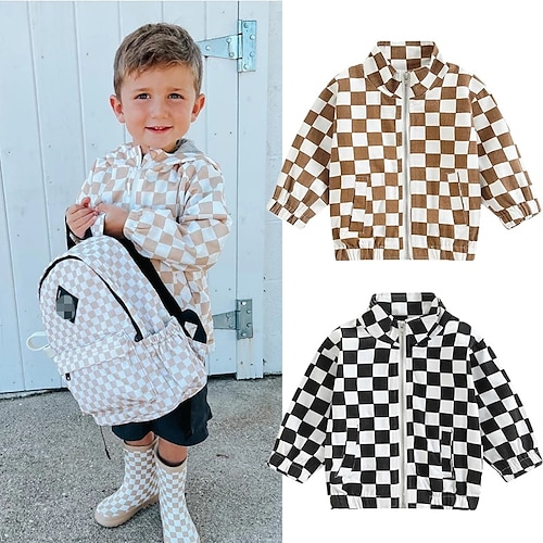 

Kids Boys Coat Outerwear Plaid Long Sleeve Coat Vacation Cotton Active Basic Black Brown Winter Fall 2-6 Years