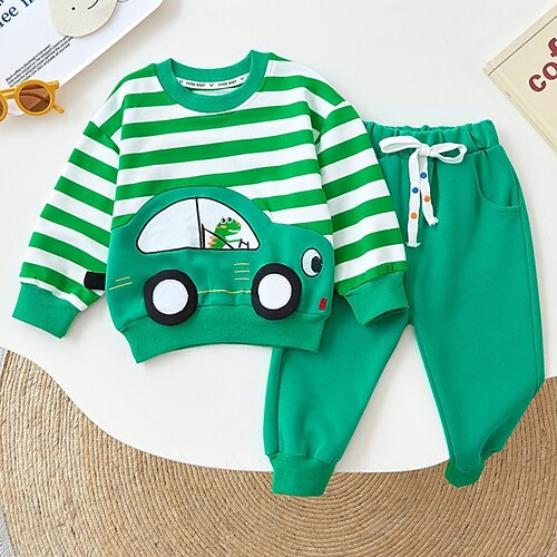 

Kids Boys Hoodie Pants Clothing Set 2 Pieces Long Sleeve Green Blue Cartoon Stripe Street Vacation Cool Comfort 2-6 Years