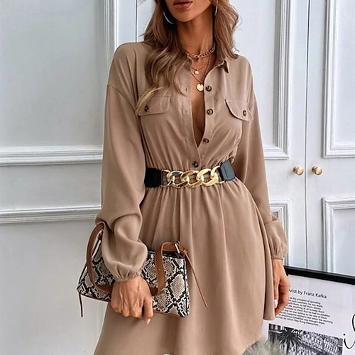 

Women's Shirt Dress A Line Dress Short Mini Dress Black Blue Khaki Long Sleeve Solid Color Button Pocket With Belt Winter Autumn Shirt Collar Stylish Modern 2022 S M L XL