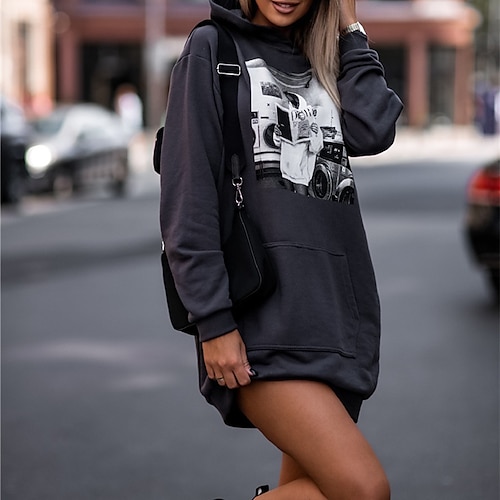

Women's Hoodie Dress Winter Dress Black khaki Dark Grey Long Sleeve Print Print Winter Fall Hooded Basic Casual Fall Dress Loose Fit 2022 XS S M L XL 2XL 3XL
