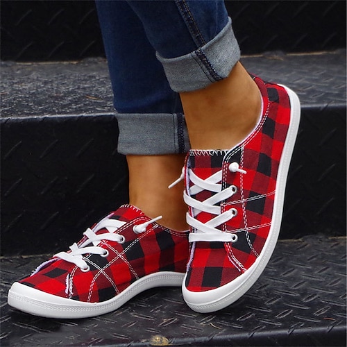 

Women's Sneakers Christmas Daily Plus Size Lace-up Flat Heel Round Toe Casual Cotton Lace-up Plaid Red