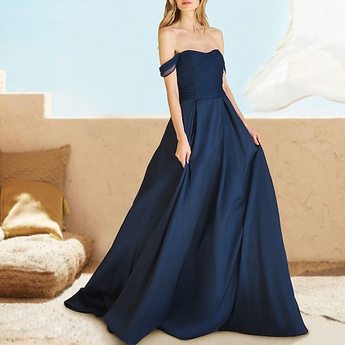 

A-Line Evening Gown Sexy Dress Formal Chapel Train Short Sleeve Off Shoulder Charmeuse with Pure Color 2022