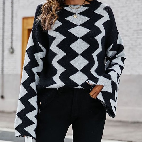 

Women's Pullover Sweater jumper Jumper Ribbed Knit Knitted Argyle Crew Neck Stylish Casual Outdoor Daily Winter Fall Black S M L / Long Sleeve / Holiday / Regular Fit / Going out