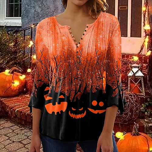 

Women's Blouse T shirt Tee Shirt Blue Pink Yellow Pumpkin Button Print Long Sleeve Halloween Casual Basic Round Neck Regular Painting S