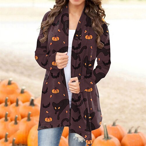

Women's Casual Jacket Warm Breathable Halloween Going out Casual Daily Weekend Print Cardigan Collarless Street Style Halloween Pumpkin Regular Fit Outerwear Long Sleeve Winter Fall Black And White