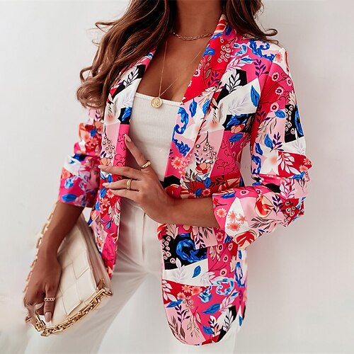 

Women's Blazer Windproof Warm Outdoor Street Daily Vacation Print Open Front Turndown Casual Street Style Floral Regular Fit Outerwear Long Sleeve Winter Fall Rose Red S M L XL
