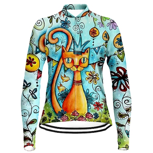 

21Grams Women's Cycling Jersey Long Sleeve Bike Top with 3 Rear Pockets Mountain Bike MTB Road Bike Cycling Breathable Quick Dry Moisture Wicking Reflective Strips Blue Cat Floral Botanical Polyester