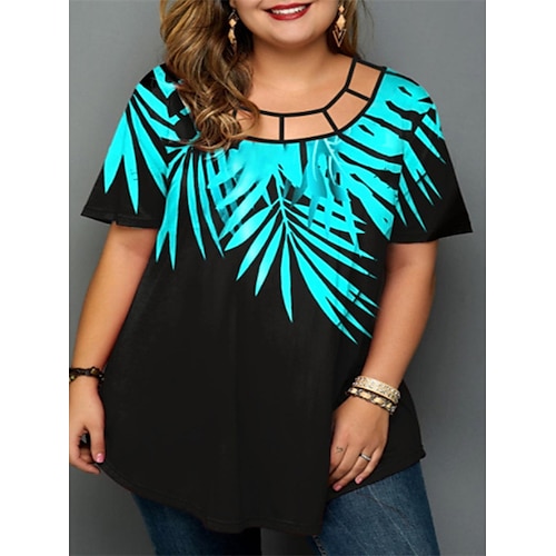 

Women's Plus Size Tops T shirt Tee Leaf Floral Cut Out Print Short Sleeve Crewneck Streetwear Casual Daily Going out Polyester Fall Winter Blue Yellow
