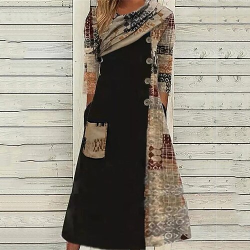 

Women's Casual Dress Swing Dress Maxi long Dress Black Long Sleeve Floral Pocket Print Fall Winter V Neck Vacation Casual 2022 S M L XL 2XL 3XL