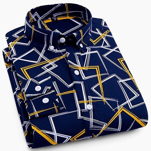 

Men's Dress Shirt Button Down Shirt Collared Shirt Yellow Blue Long Sleeve Geometry Turndown Spring, Fall, Winter, Summer Wedding Outdoor Clothing Apparel Button-Down