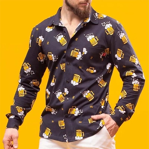 

Men's Shirt Graphic Shirt Beer Turndown Black 3D Print Outdoor Street Button-Down Print Clothing Apparel Fashion Designer Casual Breathable / Long Sleeve / Long Sleeve
