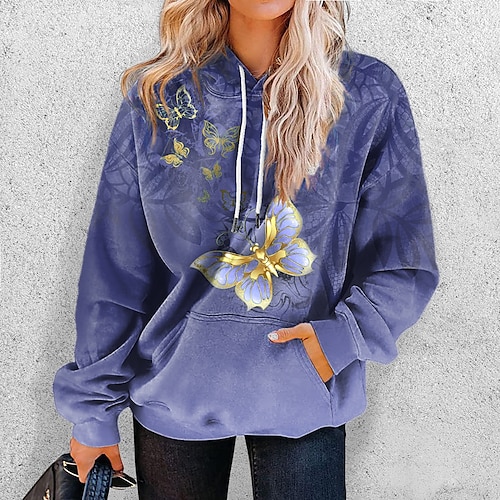 

Women's Pullover Hoodie Sweatshirt Butterfly Front Pocket Print Daily Sports 3D Print Active Streetwear Hoodies Sweatshirts Purple