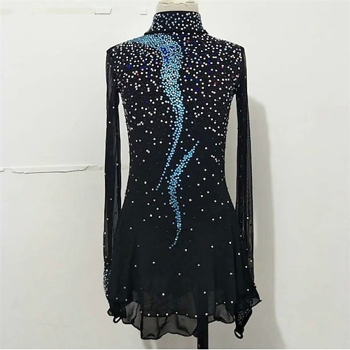 

Figure Skating Dress Women's Girls' Ice Skating Dress Black Thumbhole Open Back Spandex High Elasticity Training Competition Skating Wear Handmade Crystal / Rhinestone Long Sleeve Ice Skating Figure