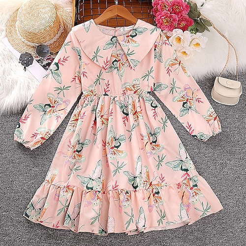 

Infantil Para Meninas Vestido Borboleta Manga Longa Férias Princesa Lindo Algodão Assimétrico Vestido A Line Outono Inverno 3-12 anos Rosa