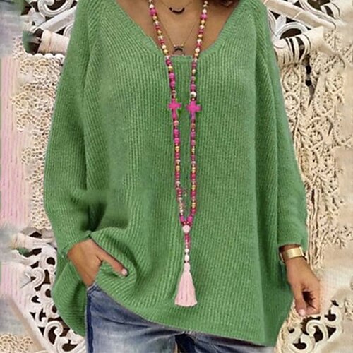 

Women's Pullover Sweater jumper Jumper Ribbed Knit Knitted Pure Color V Neck Stylish Casual Outdoor Daily Fall Winter Green S M L / Long Sleeve