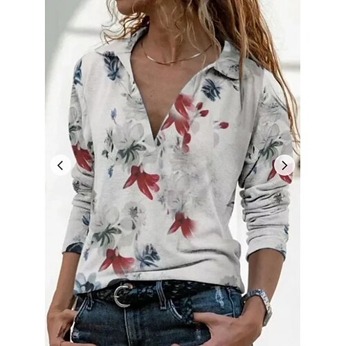 

Women's Blouse Shirt Blue White Graphic Print Long Sleeve Casual Daily Basic Shirt Collar Regular Floral S / 3D Print
