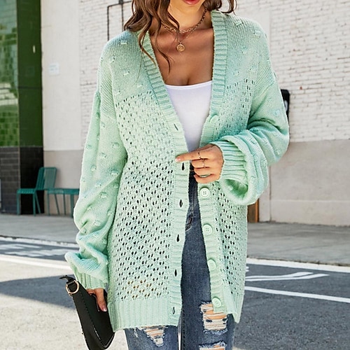 

Women's Cardigan Sweater Jumper Crochet Knit Tunic Button Knitted Pure Color V Neck Stylish Casual Outdoor Daily Winter Fall Green Blue S M L / Long Sleeve / Holiday / Regular Fit / Going out / Hole