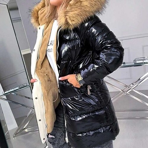 

Women's Plus Size Parka Fur Trim Pocket Plain Outdoor Causal Long Sleeve Hooded Regular Fall Winter Black L XL XXL 3XL 4XL