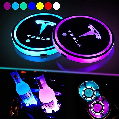 

OTOLAMPARA 2pcs for Tesla X Y 3 Usage 7 Color-Changeable LED Car Cup Holder Lights USB Luminous Coaster Water Bottle Pad Car Accessories Atmosphere Light