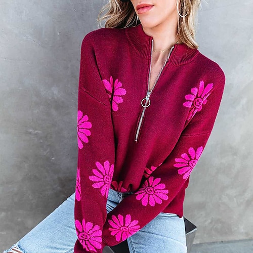

Women's Pullover Sweater Jumper Ribbed Knit Tunic Zipper Knitted Floral Stand Collar Stylish Casual Outdoor Daily Fall Winter Green Blue S M L / Long Sleeve