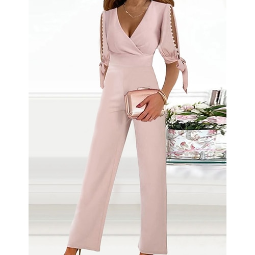 

Women's Jumpsuit Solid Color V Neck Business Work Business Straight Regular Fit Half Sleeve Pink S M L Winter