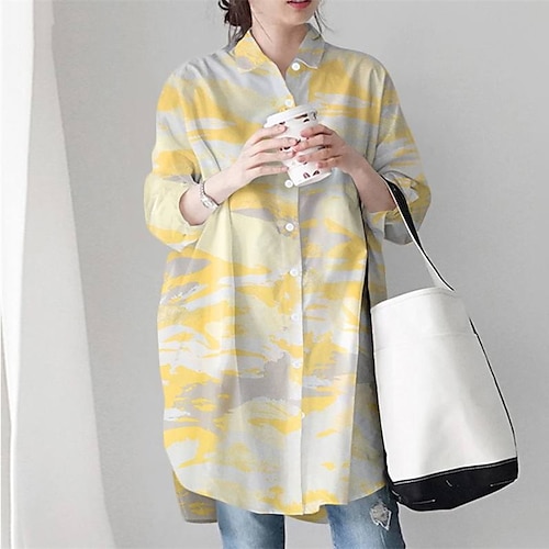 

Women's Casual Dress Shirt Dress Knee Length Dress Blue Purple Yellow Long Sleeve Print Button Fall Winter Shirt Collar Stylish Casual Modern 2022 S M L XL XXL 3XL 4XL 5XL