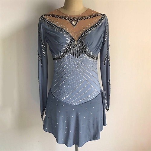 

Figure Skating Dress Women's Girls' Ice Skating Dress Grey Thumbhole Spandex High Elasticity Training Competition Skating Wear Handmade Crystal / Rhinestone Long Sleeve Ice Skating Figure Skating