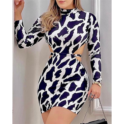 

Mulheres Vestido Recortado Tubinho Vestido da bainha Minivestido Azul Escuro Manga Longa Leopardo Oco para a cintura Inverno Outono Gola Alta à moda Roupa de inverno Final de semana Vestido de outono