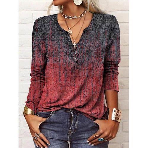 

Women's Blouse Shirt Blue Wine Red Graphic Paisley Print Long Sleeve Casual V Neck Regular S