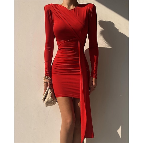 

vestido de invitado de boda para mujer vestido ceñido al cuerpo mini vestido corto mini vestido rojo manga larga color puro fruncido invierno otoño cuello redondo elegante vestido de invierno fin de