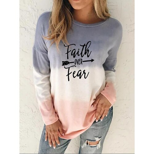 

Women's T shirt Tee Green Blue Purple Letter Color Gradient Long Sleeve Casual Weekend Basic Round Neck Regular S