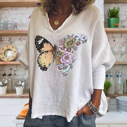 

Women's T shirt Tee White Black Floral Butterfly Print Long Sleeve Casual Weekend Basic V Neck Regular Loose Fit Floral Butterfly Painting S