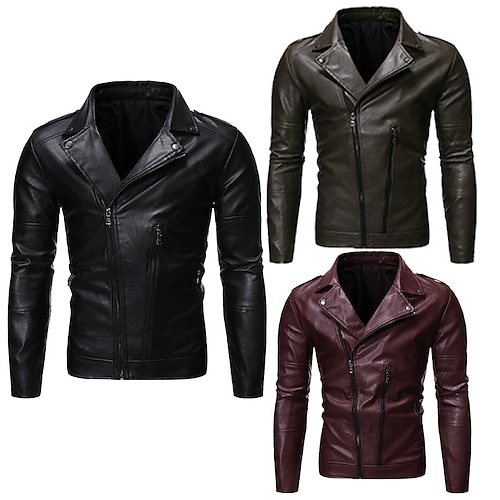 

Men's Faux Leather Jacket Biker Jacket Motorcycle Jacket Thermal Warm Windproof Rain Waterproof Casual Daily Zipper Lapel Punk Fashion Jacket Outerwear Pure Color Faux Fur Trim Black Army Green Red