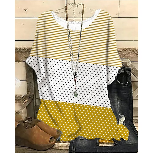 

Women's Plus Size Tops Blouse Shirt Polka Dot Striped Print Half Sleeve Crewneck Streetwear Daily Sports Cotton Spandex Jersey Spring Summer Pink Yellow