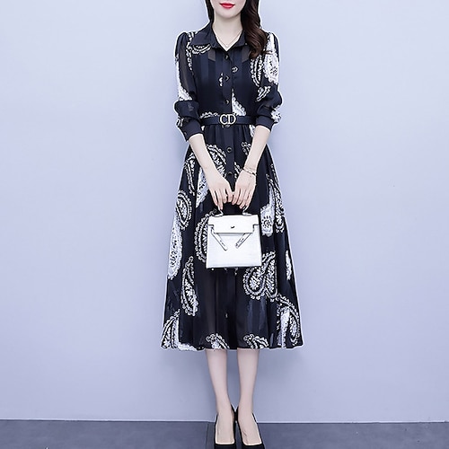 

Women's Shirt Dress Two Piece Dress Midi Dress Black Long Sleeve Floral With Belt Button Print Fall Winter Shirt Collar Fashion Modern 2022 M L XL XXL 3XL 4XL