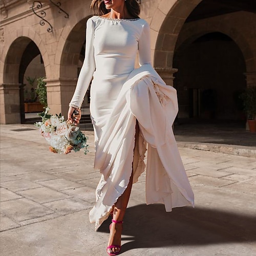 

A-Line Wedding Dresses Jewel Neck Court Train Satin Long Sleeve Formal Simple Sexy Elegant Party with Pearls 2022