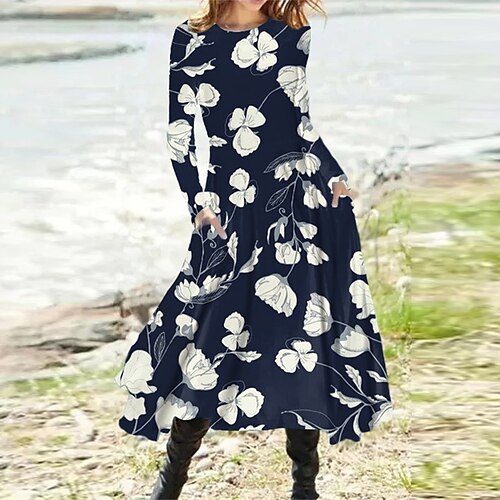 

Women's Casual Dress Swing Dress Midi Dress Navy Blue Long Sleeve Floral Pocket Winter Fall Autumn Winter Dress Fall Dress 2022 S M L XL XXL 3XL