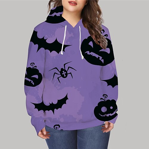 

Women's Plus Size Tops Hoodie Sweatshirt Pumpkin Bat Print Long Sleeve Hooded Casual Halloween Halloween Vacation Polyester Fall Winter Purple