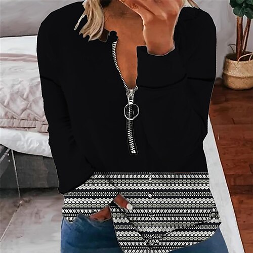 

Women's Plus Size Tops Pullover Sweatshirt Hoodie Sweatshirt Geometry Zipper Print Long Sleeve Round Neck Streetwear Daily Vacation Polyester Fall Winter Black