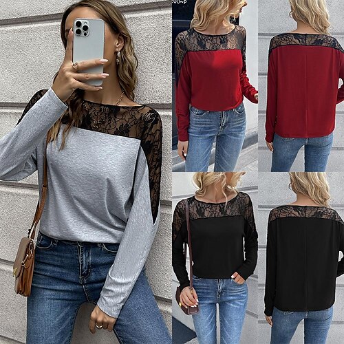 

Women's Lace Lace Basic Round Neck Standard Spring claret Grey Black