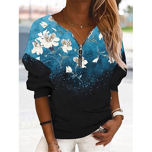 

Women's Sweatshirt Pullover V Neck Floral Quarter Zip Print Holiday Weekend 3D Print Active Streetwear Clothing Apparel Hoodies Sweatshirts Blue