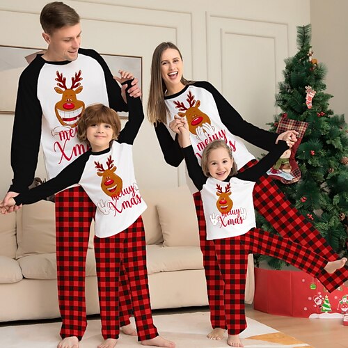 

Family Look Christmas Pajamas Plaid Deer Home White Long Sleeve Daily Matching Outfits