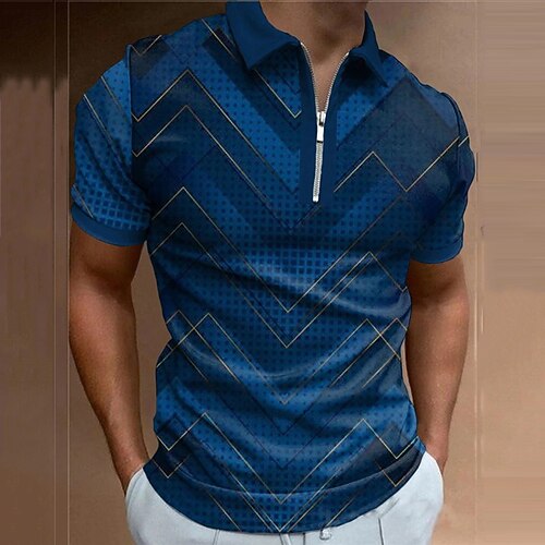 

Men's Collar Polo Shirt Golf Shirt Geometry Turndown Blue 3D Print Outdoor Street Short Sleeves Zipper Print Clothing Apparel Fashion Designer Casual Breathable / Summer / Spring / Summer