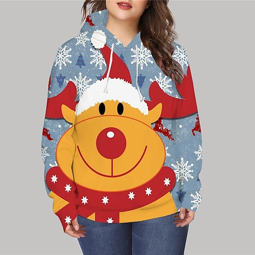 

Women's Plus Size Christmas Tops Hoodie Sweatshirt Animal Deer Print Long Sleeve Hooded Casual Vacation Polyester Fall Winter Blue