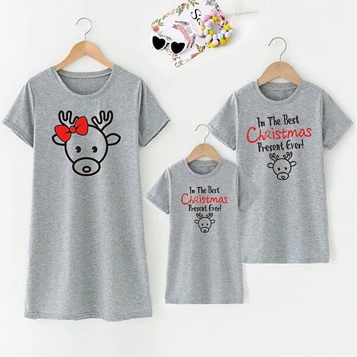 

Mommy and Me Ugly Christmas Dresses Letter Deer Home Pink Grey Short Sleeve Active Matching Outfits