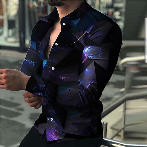 

Men's Shirt Graphic Shirt Geometry Turndown Purple 3D Print Outdoor Street Button-Down Print Clothing Apparel Fashion Designer Casual Breathable / Long Sleeve / Long Sleeve