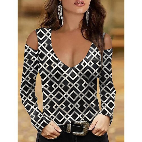 

Women's Shirt Blue Khaki Navy Blue Geometric Cut Out Lace Trims Long Sleeve Daily Weekend Streetwear Casual V Neck Regular Geometric S / 3D Print / Print