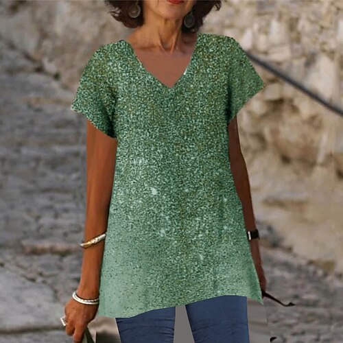 

Women's T shirt Tee Graphic Casual Weekend T shirt Tee Short Sleeve V Neck Basic Green Blue Gold S / 3D Print